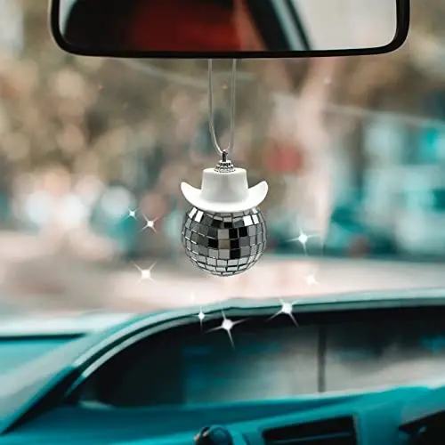 SPANSEE White Car Accessories, Disco Ball Cowboy Hat, Automotive Interior Accessories, Charm for Rear View Mirror 
