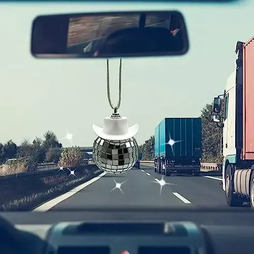 SPANSEE White Car Accessories, Disco Ball Cowboy Hat, Automotive Interior Accessories, Charm for Rear View Mirror - 4