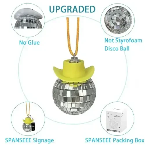 SPANSEE Yellow Cowgirl Car Charm - Disco Ball Mirror Ornament - Rear View Accessory - 2