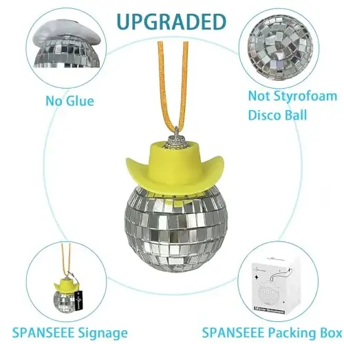 SPANSEE Yellow Cowgirl Car Charm - Disco Ball Mirror Ornament - Rear View Accessory - 2