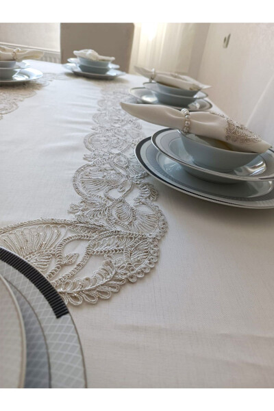 Sparkling Butterfly 12 Person 26 Piece French Lace Dowry Dinner Tablecloth Set Runner Set - 2