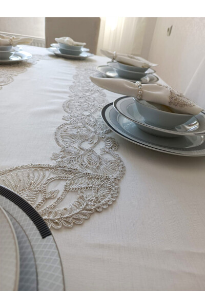 Sparkling Butterfly 12 Person 26 Piece French Lace Dowry Dinner Tablecloth Set Runner Set - 8