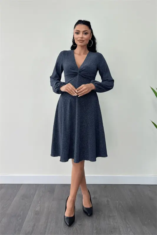 Sparkly Crepe Fabric Twist Detailed Midi Dress - NAVY BLUE - BÜYÜKBEDENIZ