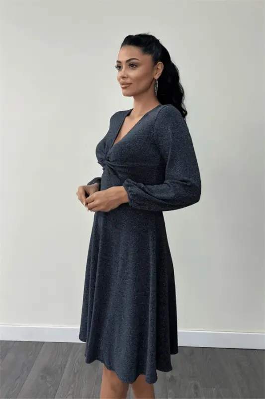 Sparkly Crepe Fabric Twist Detailed Midi Dress - NAVY BLUE - 4