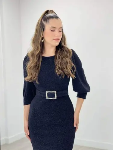 Sparkly Fabric Balloon Sleeve Pencil Dress - BLACK - 3