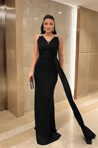 Sparkly Fabric Stone Detailed Evening Dress - BLACK - BÜYÜKBEDENIZ (1)