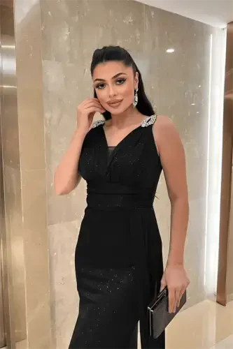 Sparkly Fabric Stone Detailed Evening Dress - BLACK - 4