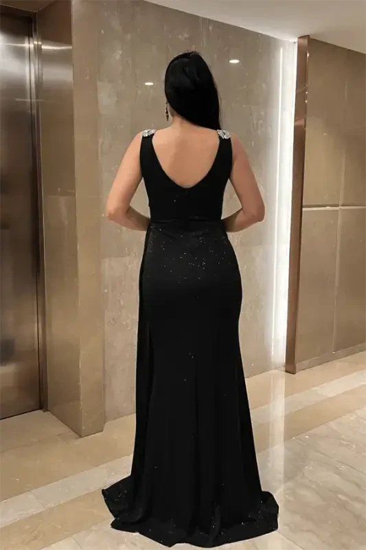 Sparkly Fabric Stone Detailed Evening Dress - BLACK - 5