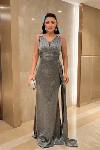 Sparkly Fabric Stone Detailed Evening Dress - SILVER - 1