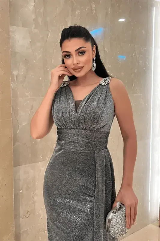 Sparkly Fabric Stone Detailed Evening Dress - SILVER - 3