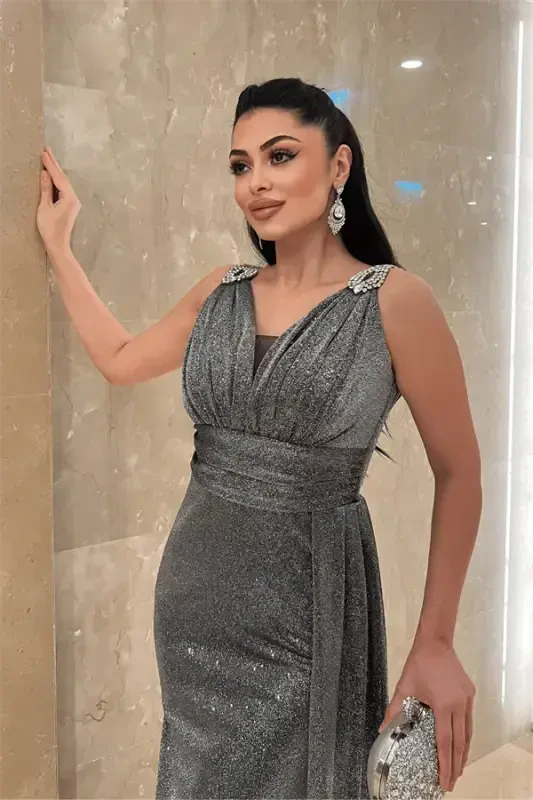 Sparkly Fabric Stone Detailed Evening Dress - SILVER - 4