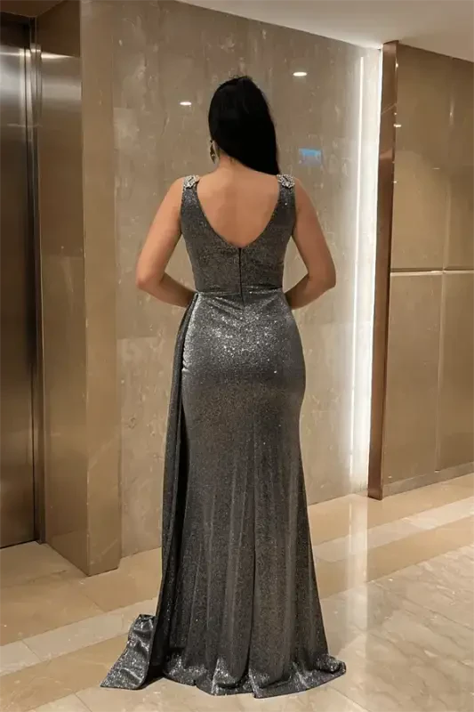 Sparkly Fabric Stone Detailed Evening Dress - SILVER - 5