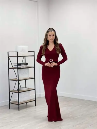 Sparkly Fabric V-Neck Fishtail Dress - BURGUNDY - BÜYÜKBEDENIZ (1)