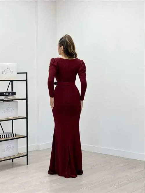 Sparkly Fabric V-Neck Fishtail Dress - BURGUNDY - 5