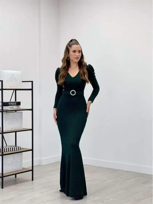 Sparkly Fabric V Neck Fishtail Dress - EMERALD GREEN - 2