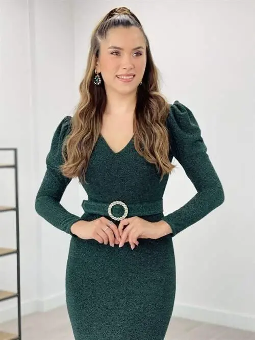 Sparkly Fabric V Neck Fishtail Dress - EMERALD GREEN - 3