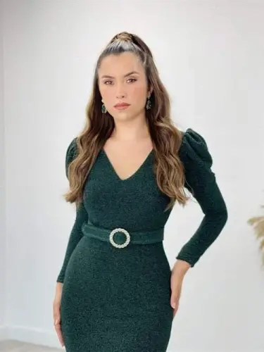 Sparkly Fabric V Neck Fishtail Dress - EMERALD GREEN - 4