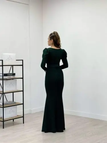 Sparkly Fabric V Neck Fishtail Dress - EMERALD GREEN - 5