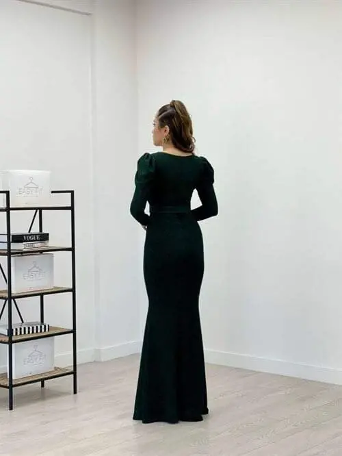 Sparkly Fabric V Neck Fishtail Dress - EMERALD GREEN - 5