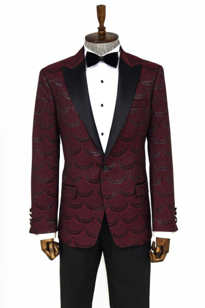 Sparkly Patterned Burgundy Men's Tuxedo Jacket - Wessi - 3