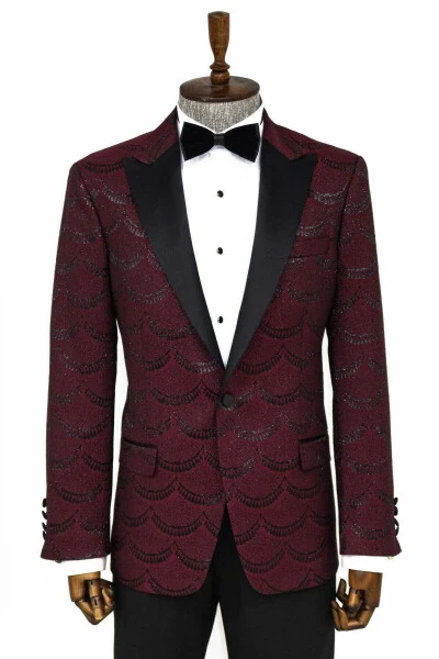 Sparkly Patterned Burgundy Men's Tuxedo Jacket - Wessi - WESSI