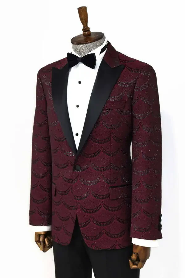 Sparkly Patterned Burgundy Men's Tuxedo Jacket - Wessi - 4