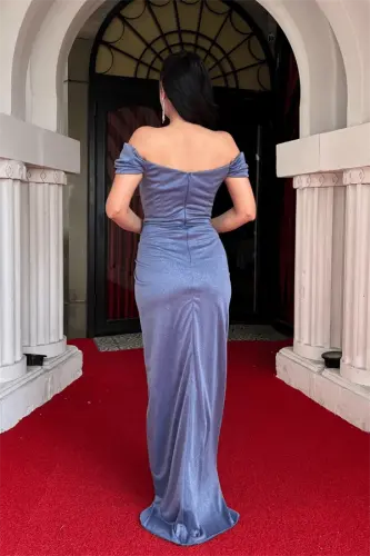 Sparkly Tulle Fabric Ruched Detail Evening Dress - INDIGO BLUE - 5