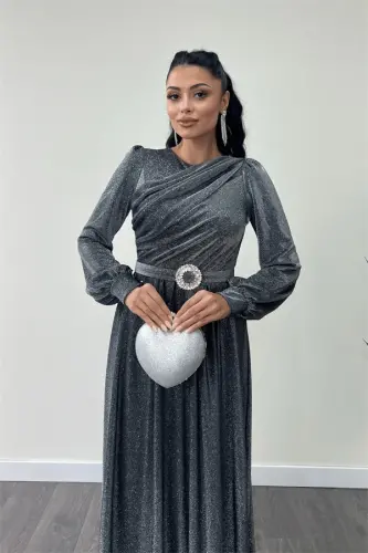 Sparkly Tulle Fabric Ruched Detail Evening Dress - SILVER - 4