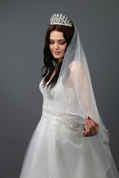 Sparkly Two-Layered Long Bridal Veil 3 Meters Long with Comb in Off-White - 30