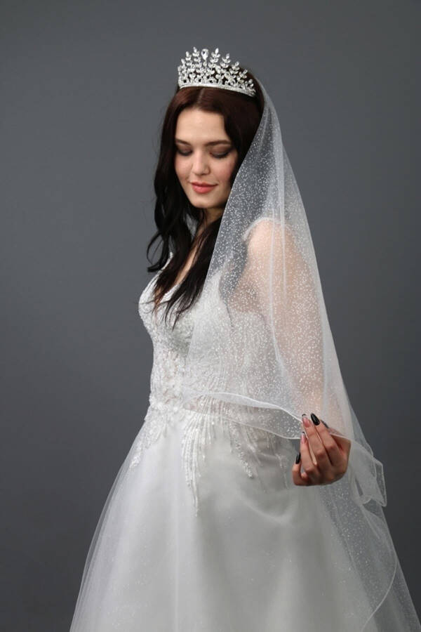 Sparkly Two-Layered Long Bridal Veil 3 Meters Long with Comb in Off-White - 24