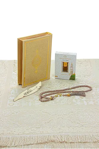 Special Boxed Bridal Bundle Suitable Gift Dowry Prayer Rug Set Cream-Cream - 3