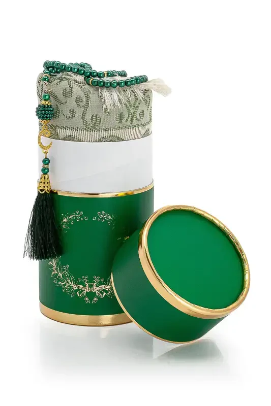 Special Cylinder Boxed Prayer Rug Set Green-Green - 3