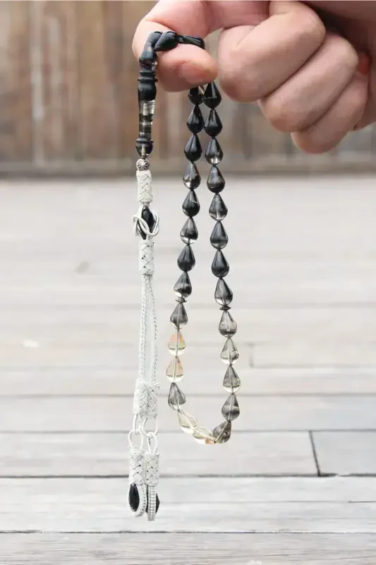 Special Drop Cut Black Streaked Amber Rosary - Spiritual Meaning and Aesthetic Craftsmanship - Black - TESBIH OTAĞI