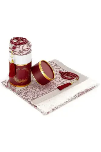 Special Prayer Rug Set in Cylinder Box, Bordeaux-Bordeaux - 1