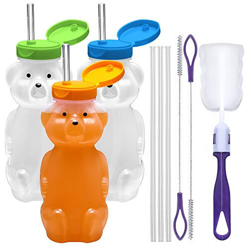 Special Supplies Honey Bear Straw Cup For Babies, 3-Pack Squeezable Therapy and Special Needs Assistive Drink Container, Spill Proof and Leak Resistant Lid - 1