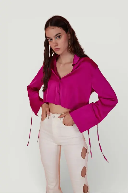 Special Textured Satin Crop Silky Shirt Pink - 1