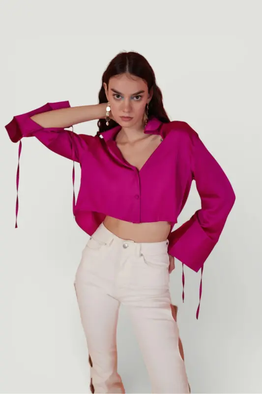 Special Textured Satin Crop Silky Shirt Pink - 2