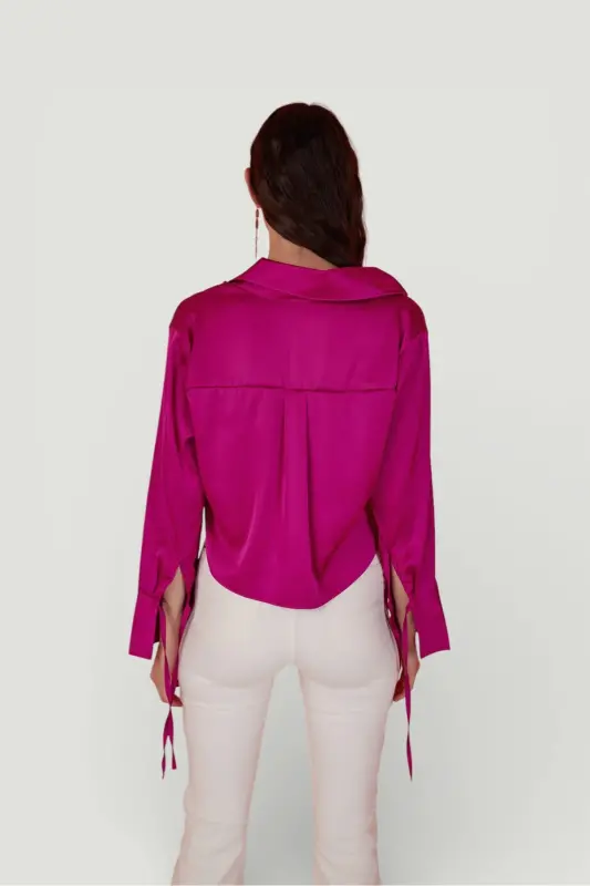 Special Textured Satin Crop Silky Shirt Pink - 3