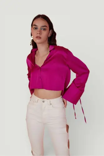 Special Textured Satin Crop Silky Shirt Pink - 4