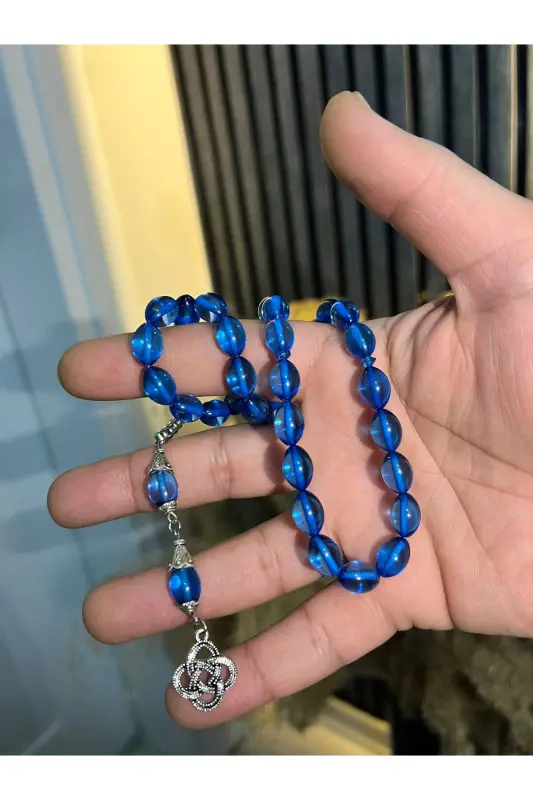 Special Wooden Boxed 33 Beads Dust Amber Rosary Blue Gift-Blue - 6
