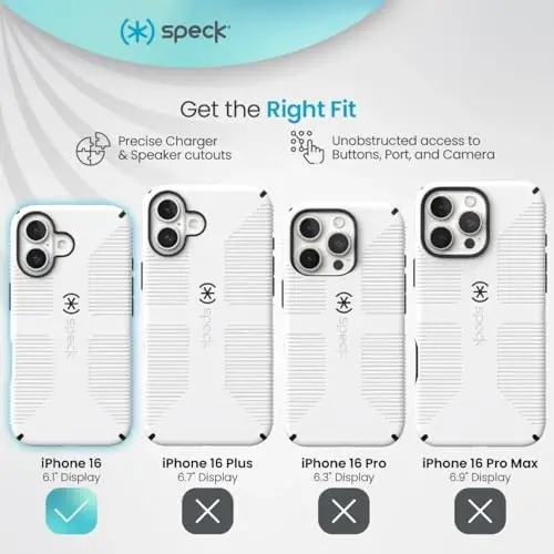 Speck CandyShell Grip Case iPhone 16 - Slim MagSafe Case for Women and Men - White/Black - 3