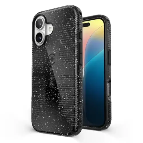 Speck CandyShell Grip iPhone 16 Case - Slim MagSafe - Black Glitter/Steel Black - 1