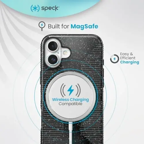 Speck CandyShell Grip iPhone 16 Case - Slim MagSafe - Black Glitter/Steel Black - 5
