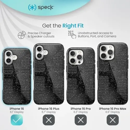 Speck CandyShell Grip iPhone 16 Case - Slim MagSafe - Black Glitter/Steel Black - 3