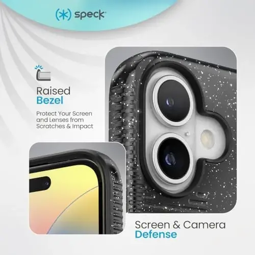 Speck CandyShell Grip iPhone 16 Case - Slim MagSafe - Black Glitter/Steel Black - 4