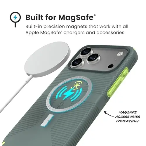 Speck CANDYSHELL Grip +MS Case for iPhone 17 Pro Max - NEO DRAB/Glow Green | Slim Protective Grip | Drop Protection | MagSafe Compatible - 2