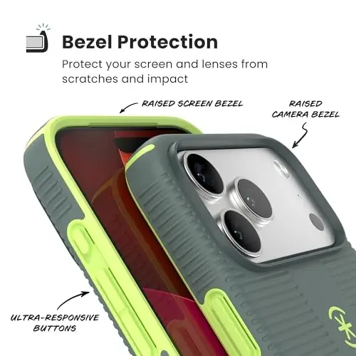 Speck CANDYSHELL Grip +MS Case for iPhone 17 Pro Max - NEO DRAB/Glow Green | Slim Protective Grip | Drop Protection | MagSafe Compatible - 5