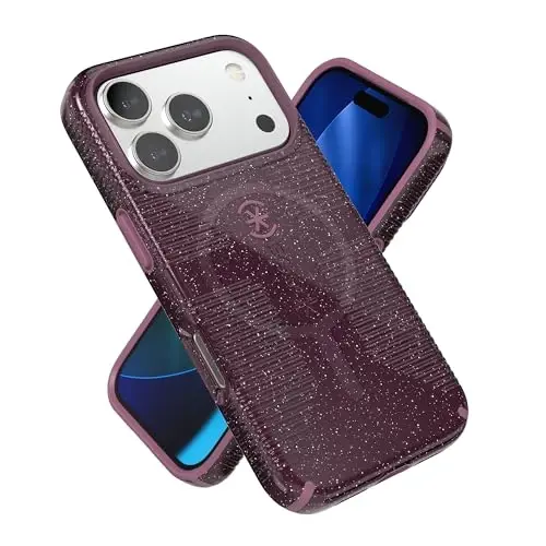 Speck CANDYSHELL Grip +MS Case for iPhone 17 Pro - Plumberry Glitter | Slim Protective Grip | Drop Protection | MagSafe Compatible - 1