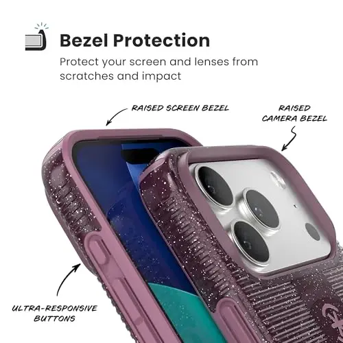 Speck CANDYSHELL Grip +MS Case for iPhone 17 Pro - Plumberry Glitter | Slim Protective Grip | Drop Protection | MagSafe Compatible - 5