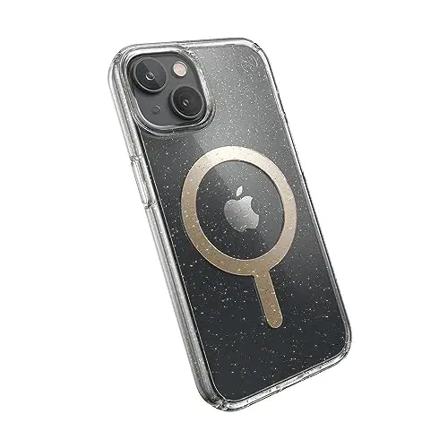 Speck Clear iPhone 14 & iPhone 13 Case - Drop Protection, Scratch Resistant, Dual Layer Slim Phone Case for 6.1 Inch iPhones 14 -Built for MagSafe - Anti-Fade Case-Presidio Perfect-Clear/Gold Glitter - 1